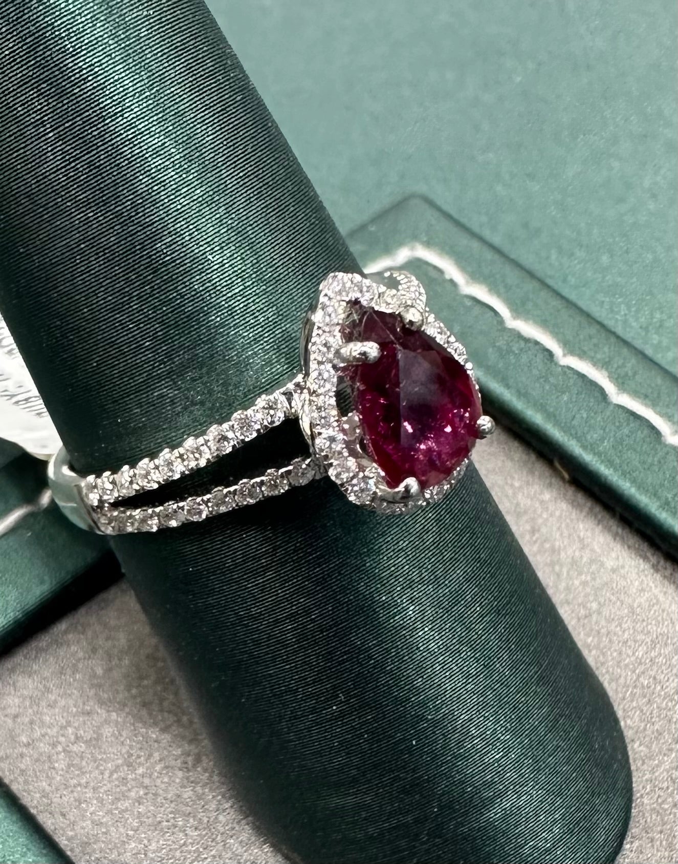 Pear Ruby diamond halo ring