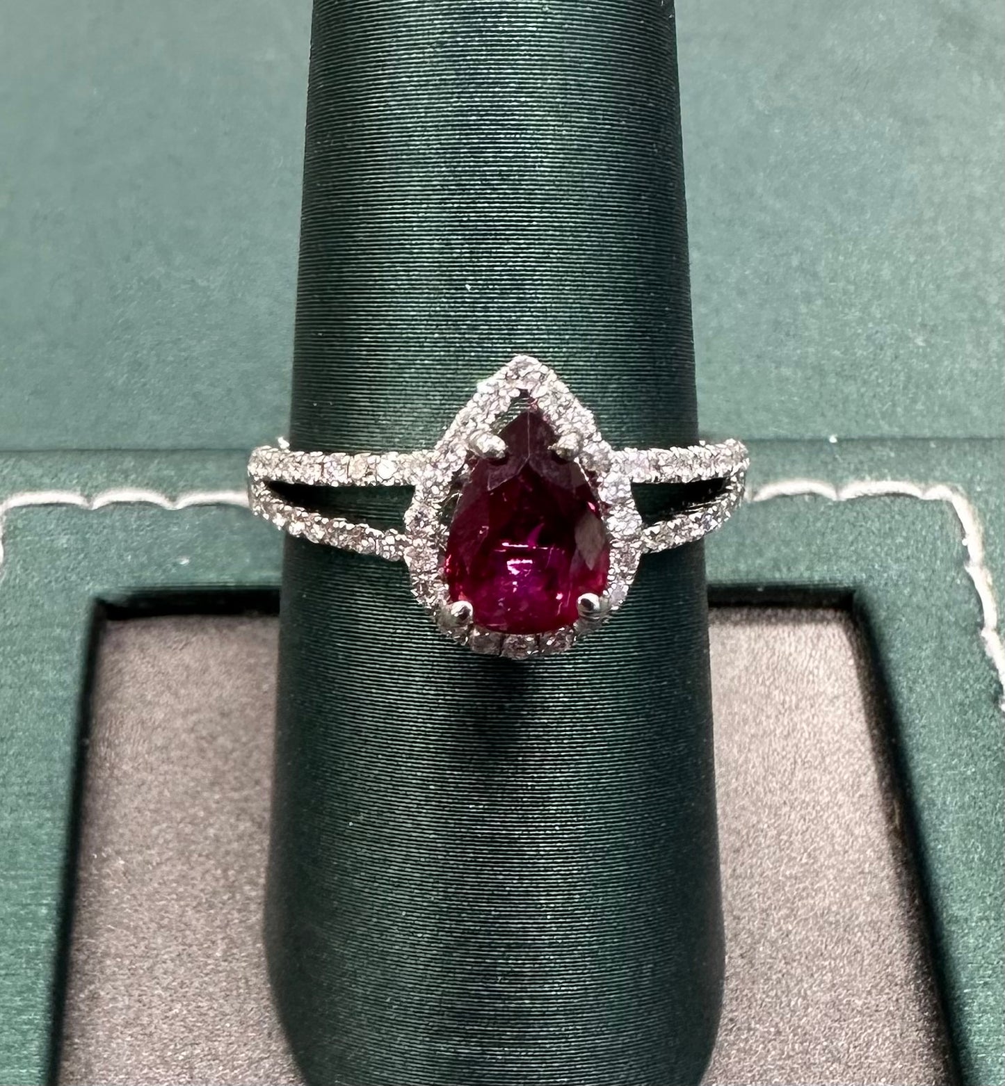 Pear Ruby diamond halo ring