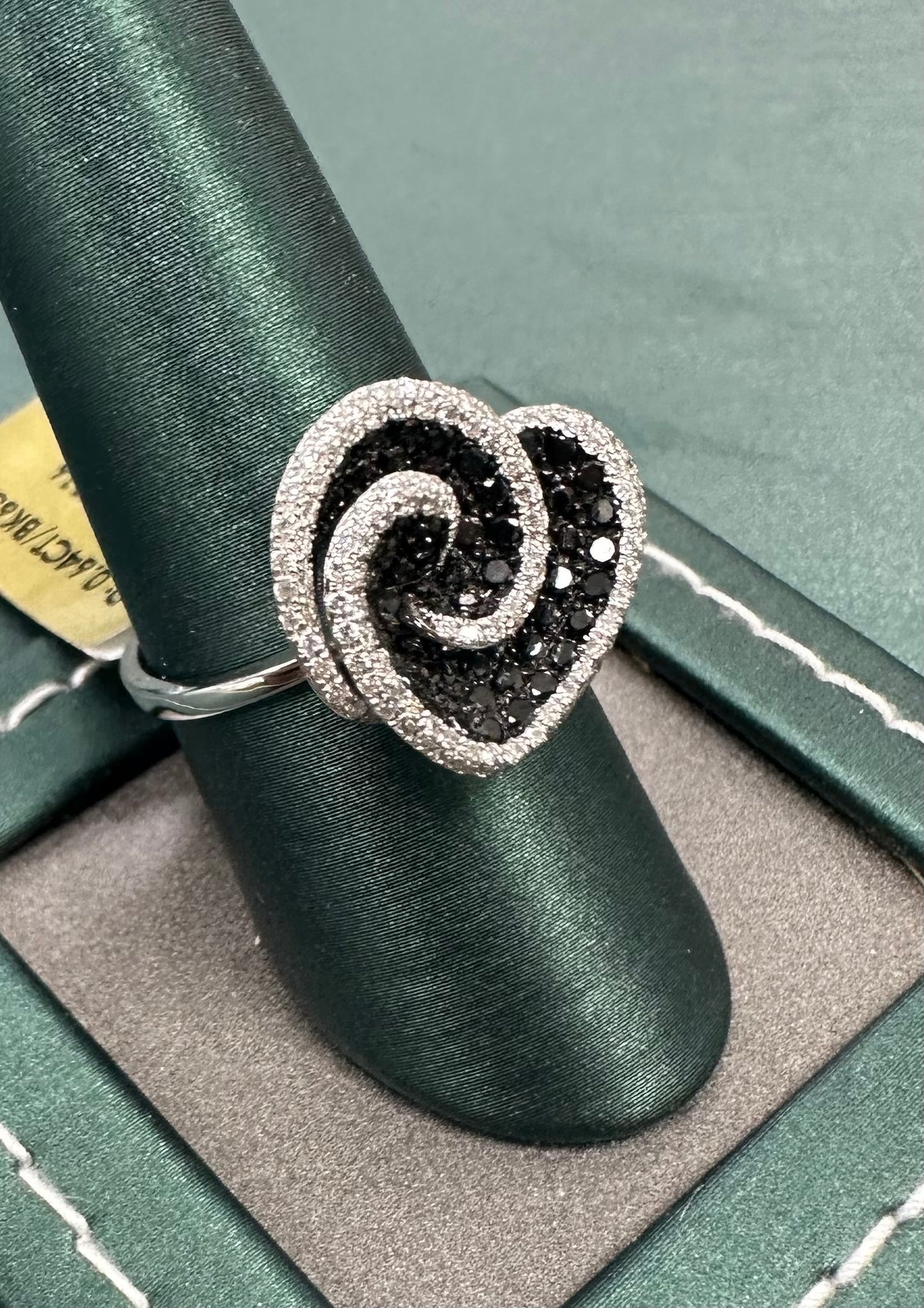 White and black diamond swirl heart ring