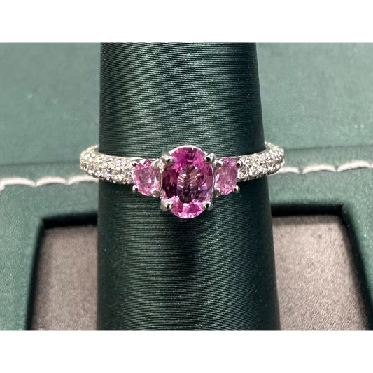 Three stone oval pink sapphire ring