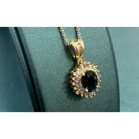 Oval sapphire sun Diamond halo necklace