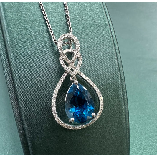 London blue topaz tear drop diamond halo necklace