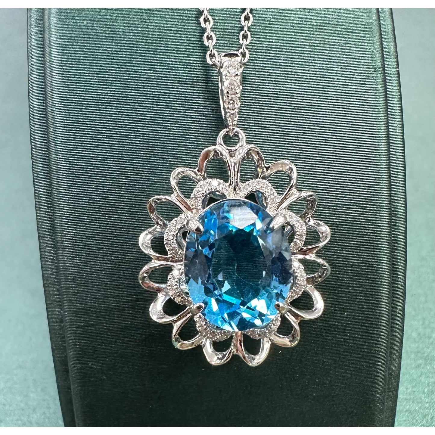 Blue Swiss Topaz Oval Circle Diamond Halo Necklace