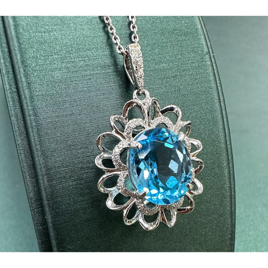 Blue Swiss Topaz Oval Circle Diamond Halo Necklace