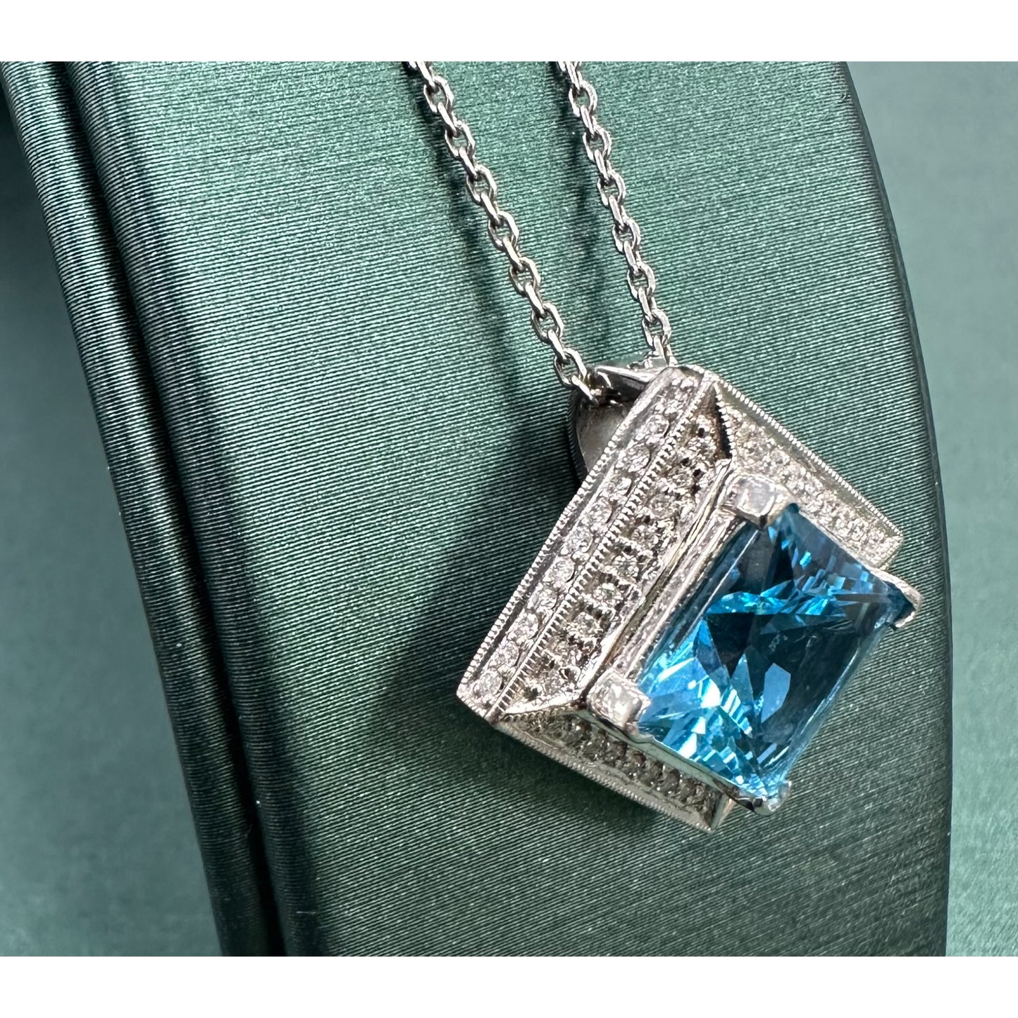 Princess cut Swiss blue topaz diamond halo necklace