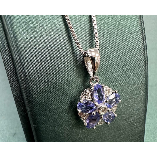 Purple sapphire diamond flower cluster raised necklace