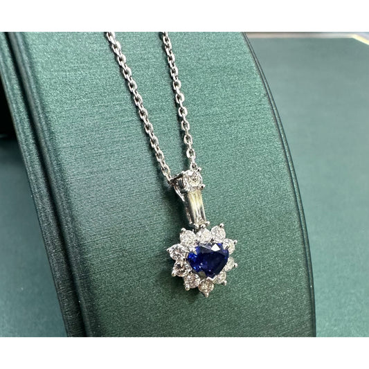 Sapphire heart 7 diamond halo necklace