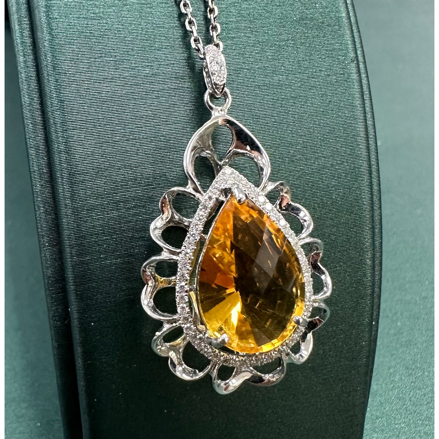 Citrine Sun Ear Shape & Raised Diamond Halo Necklace