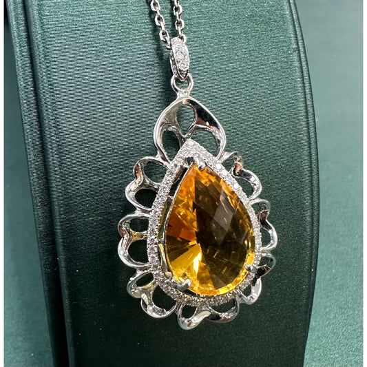 Citrine Sun Ear Shape & Raised Diamond Halo Necklace