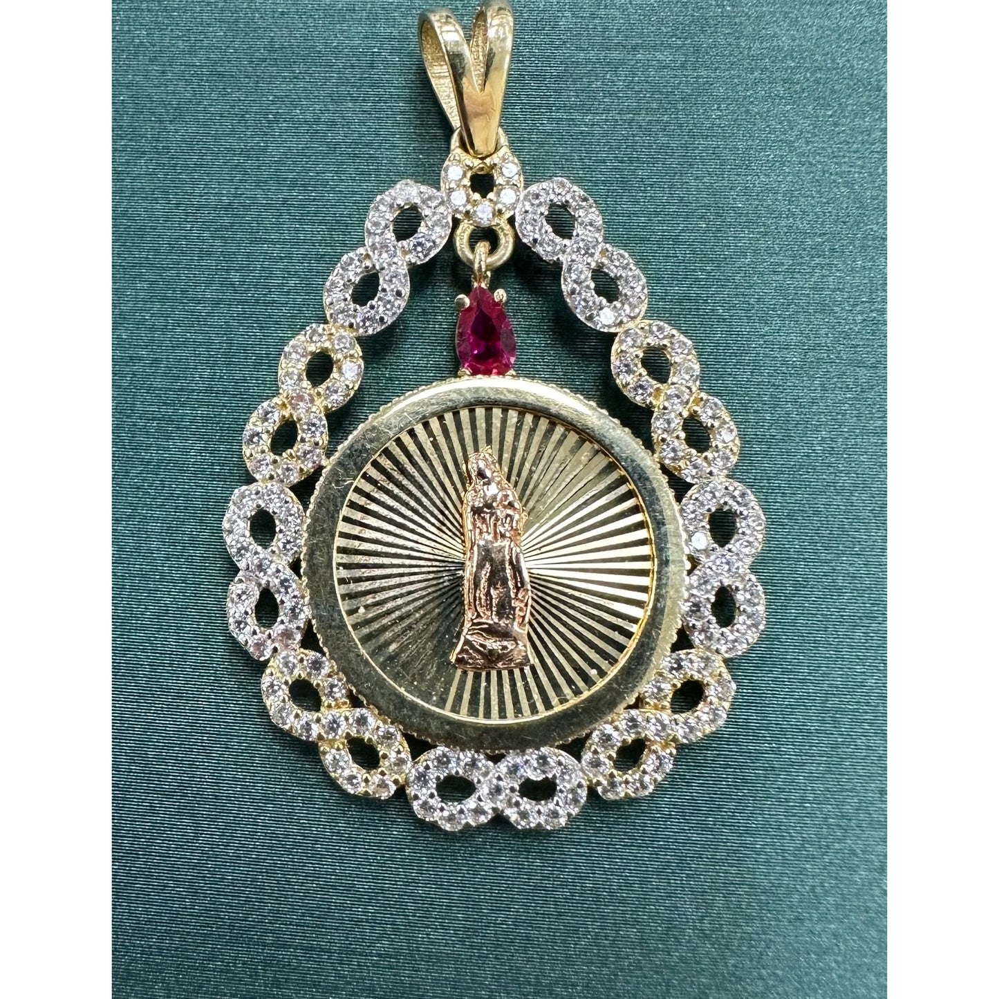 Virgin Guadalupe Tri color cz bezel tear drop pendant