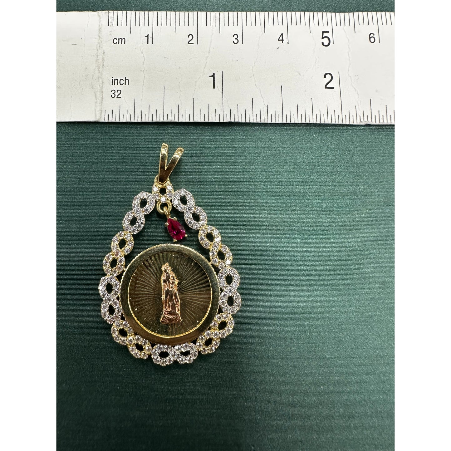 Virgin Guadalupe Tri color cz bezel tear drop pendant