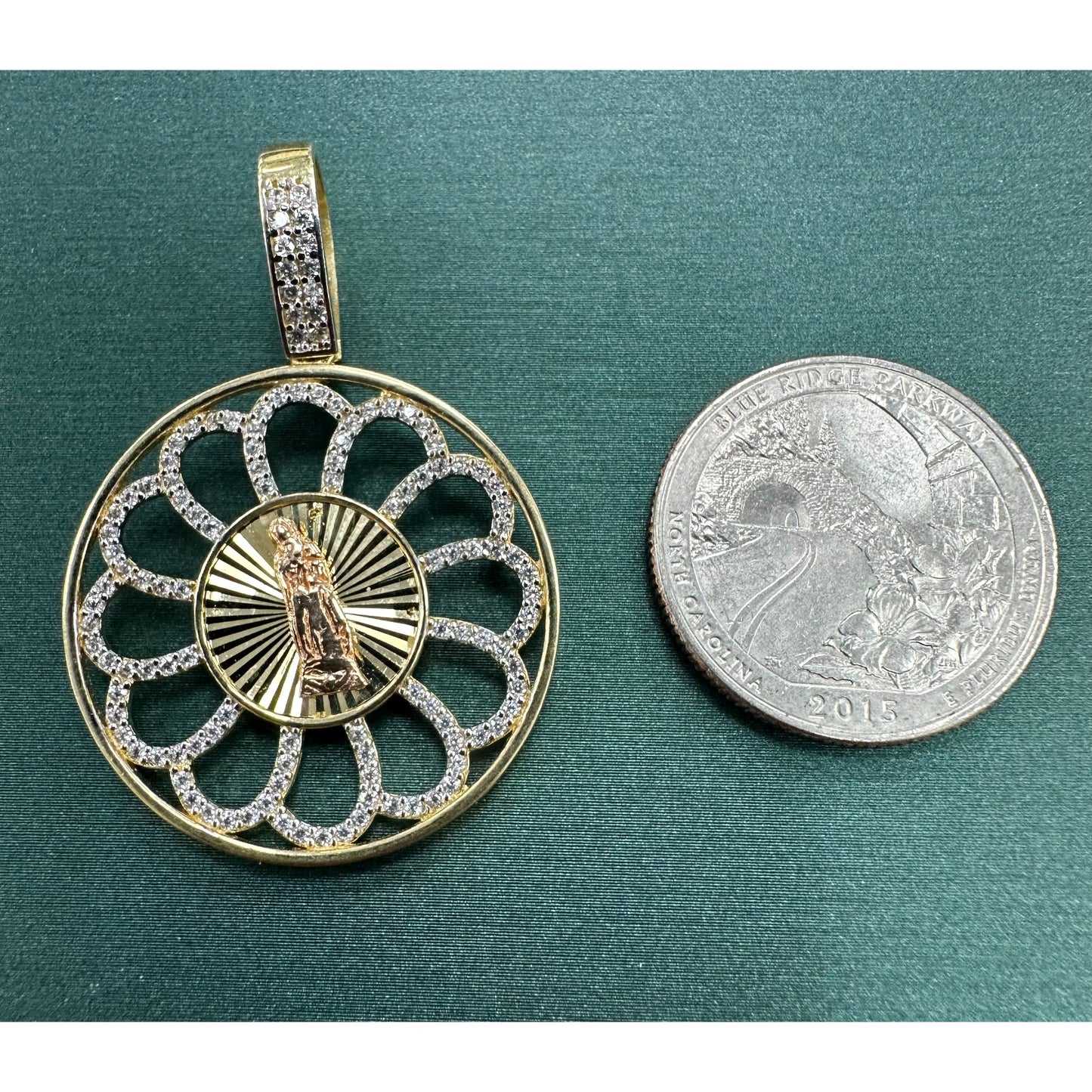 Virgin Guadalupe Spirl flower cz halo pendant