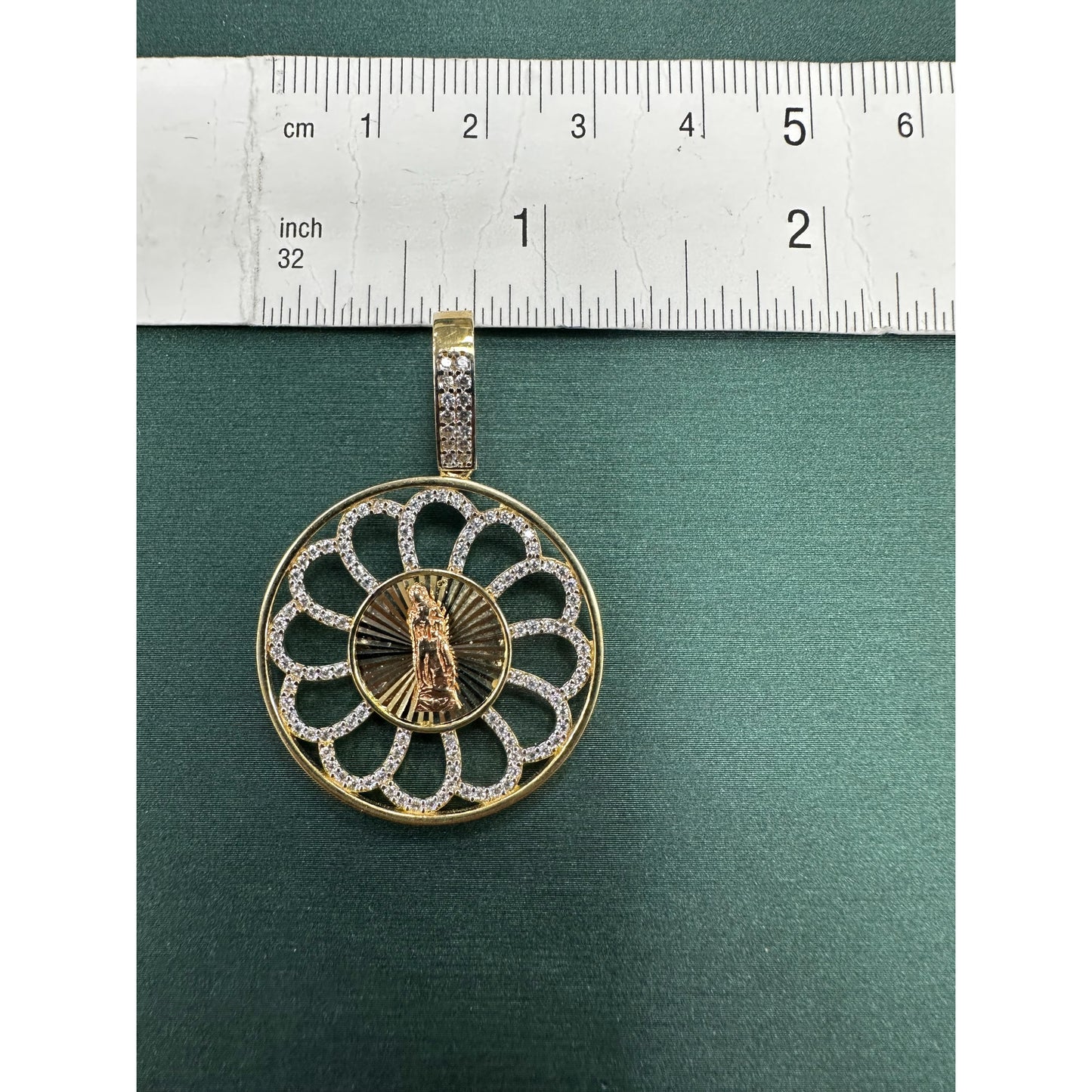 Virgin Guadalupe Spirl flower cz halo pendant