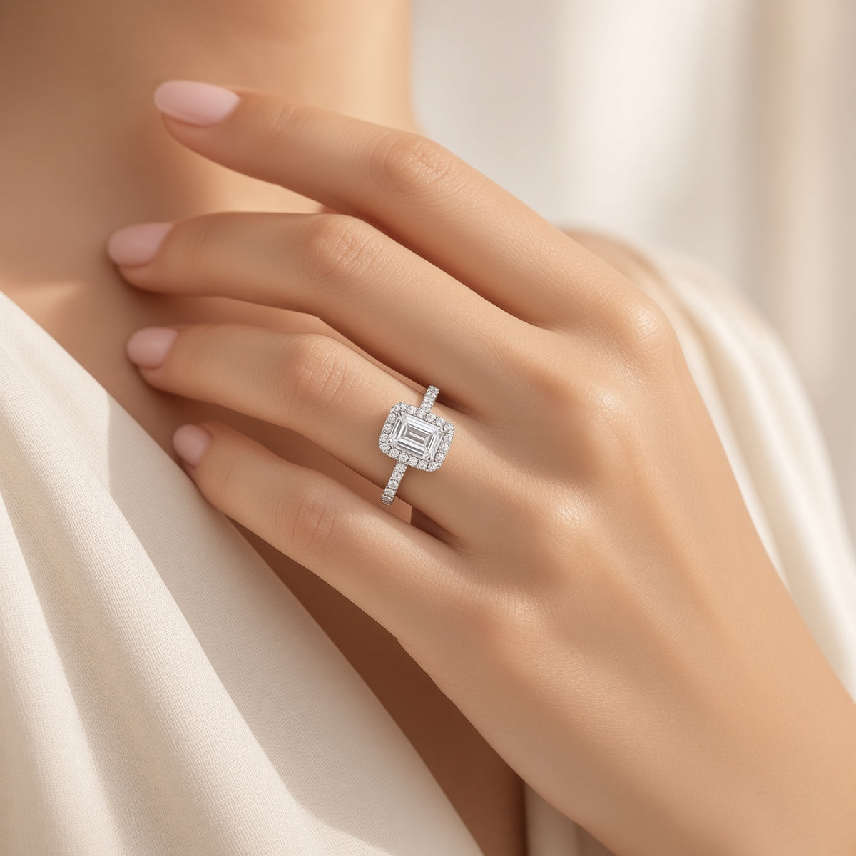 1 Carat Emerald Cut Halo Diamond Engagement Ring